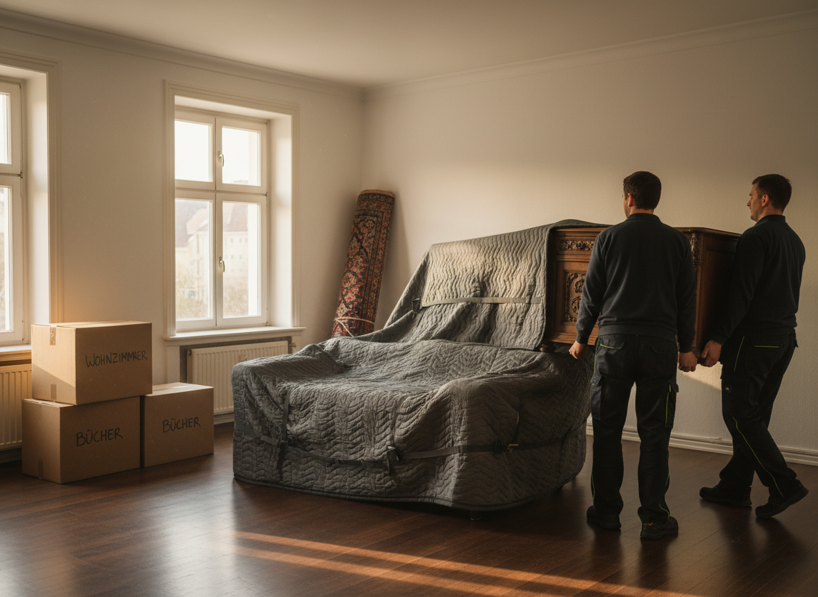 KI-generiertes Bild: Möbel werden sorgfältig aus einer Wohnung getragen